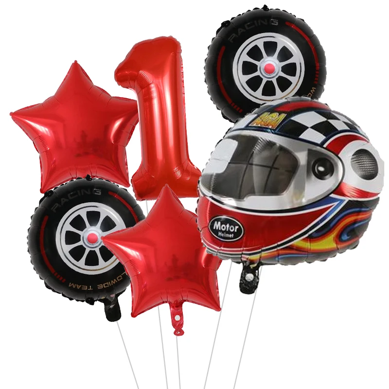 6Pcs Race Car Themed Party Decor Motorcycle Helmet Tire Wheel Foil Balloons Boy Hot Wheels Birthday Supplies Two Quick Birthday