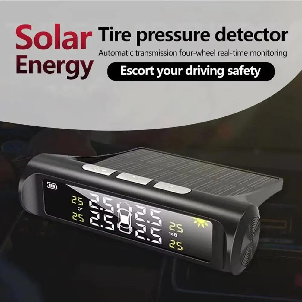 Car Solar Powered Tire Pressure Monitoring System Alarm Tyre Air Pressure Meter Gauge Temperature Warning With 4 Sensor