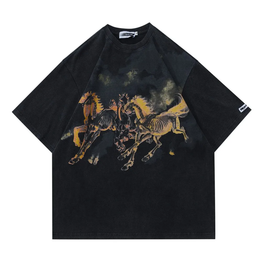 Burning Flame Horses with Fire Graphic Print T-Shirt Women Men Streetwear Washed Distressed Loose Goth Tshirt Cotton Tops Tees