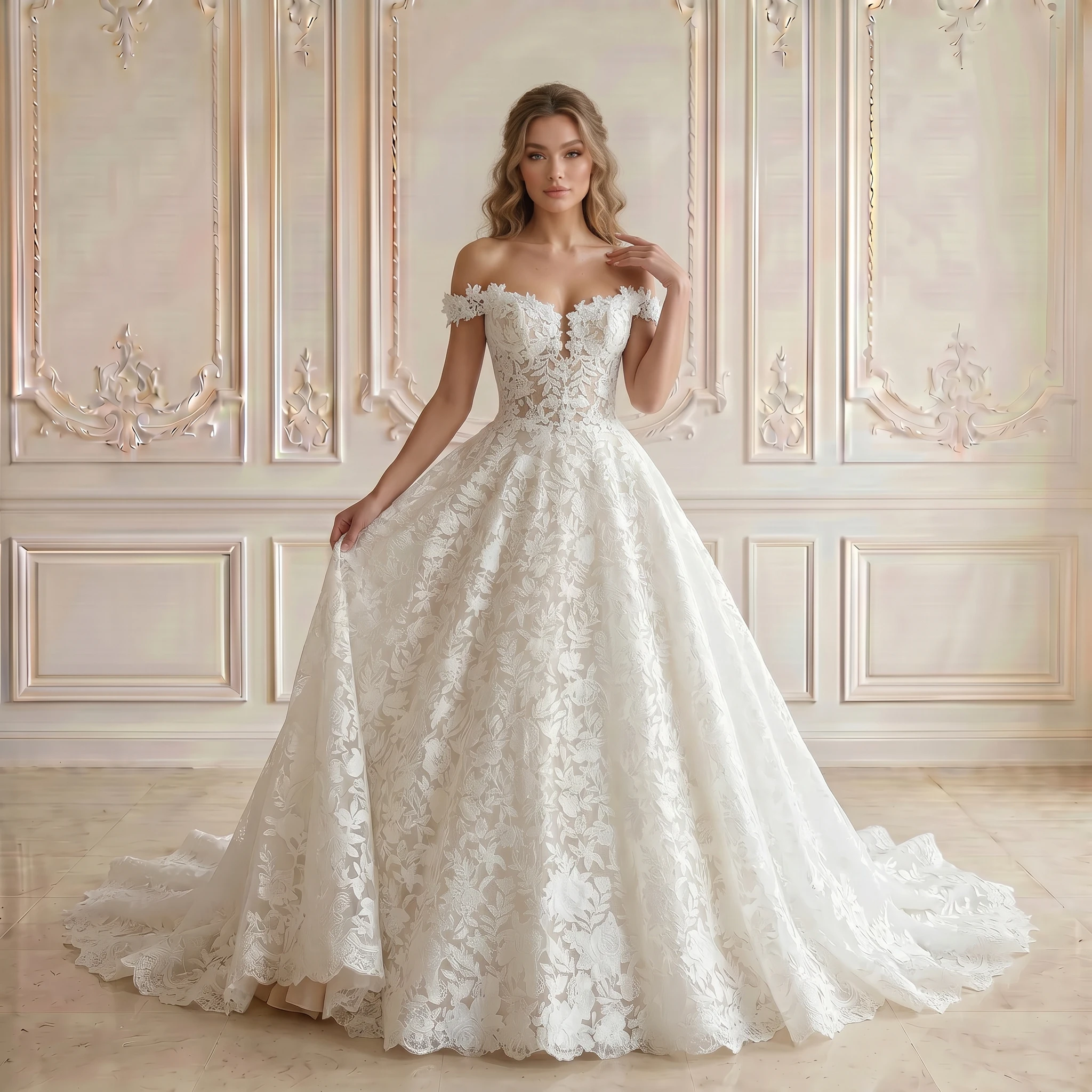 Off Shoulder Sweetheart Ball Gown Wedding Dress Full 3D Floral Lace Zipper Back Scalloped Chapel Train Bridal Gown