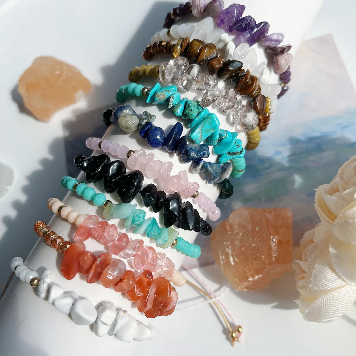 12 Piece Set Of Multi-Color Crystal Bead Bracelet Fashionable Beach Party Men's and Women's Adjustable Bracelet Set