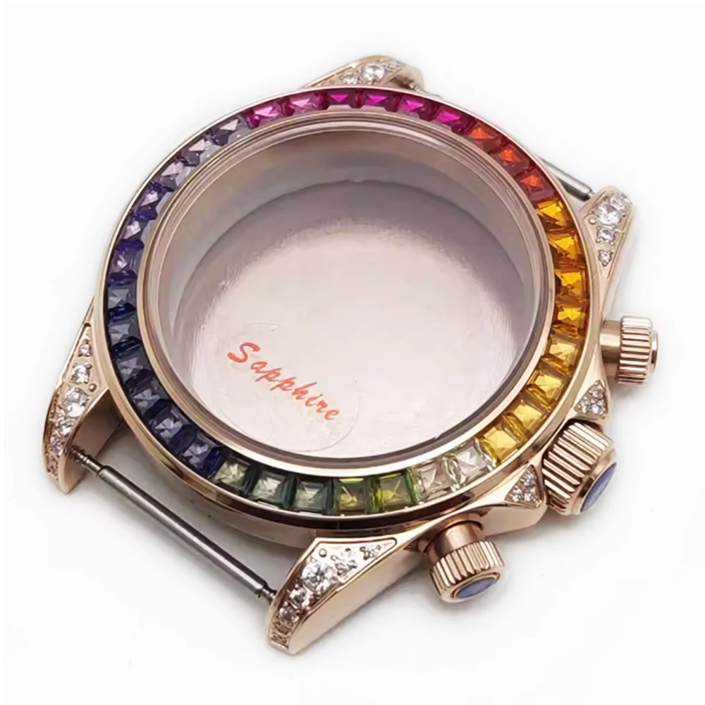 جودة عالية 39.5 مللي متر ارتفع الذهب VK63 حافظة جوهرة الحافة لا شعار حافظة + حزام صالح VK63 حركة الياقوت الزجاج