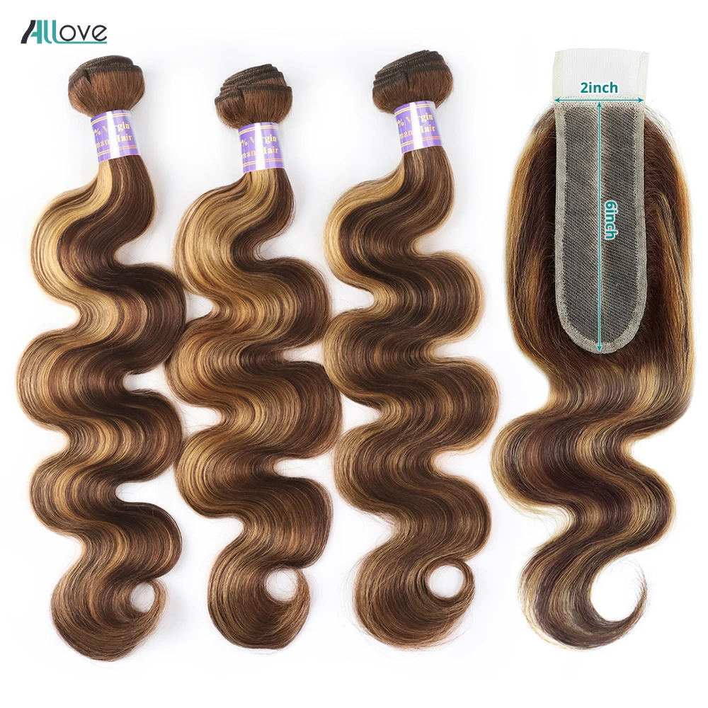 Bundles With 2x6 Closure Highlight Brazilian Ombre Body Wave 100% Human Hair P4/27 Brown Color Remy Hair Weave Bundles