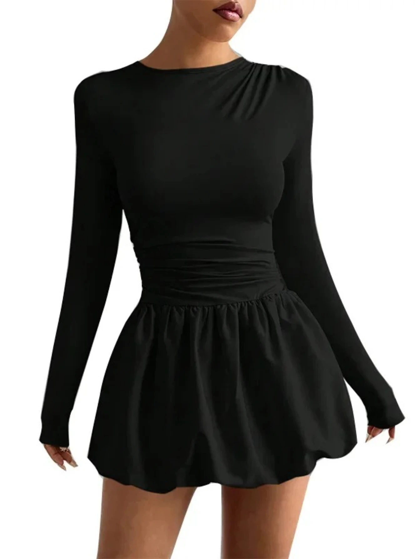 كم المرأة اللباس مطاطا مطوي تنورة الخريف نمط جديد عبر الحدود أزياء عارضة جولة الرقبة اللباس #5