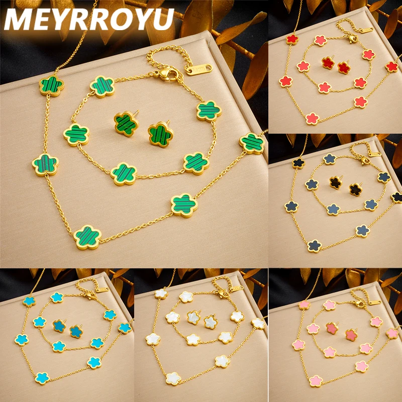 MEYRROYU 316L Stainless Steel Colorful Flowers Charm Necklace Bracelet Earrings Suit For Women New Trend Non-fading Jewelry Set