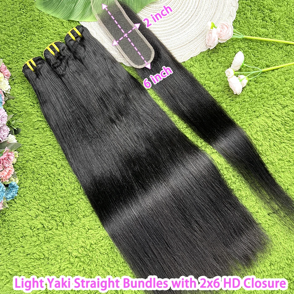 Yaki Straight Hair Bundles With 2x6 HD Lace Closure #1B Natural Black Color Vietnam 100% Human Hair Weave Extensions Bundle Deal