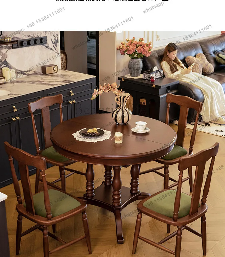 

American retro cherry wood solid wood retractable dining table household French foldable round eating table