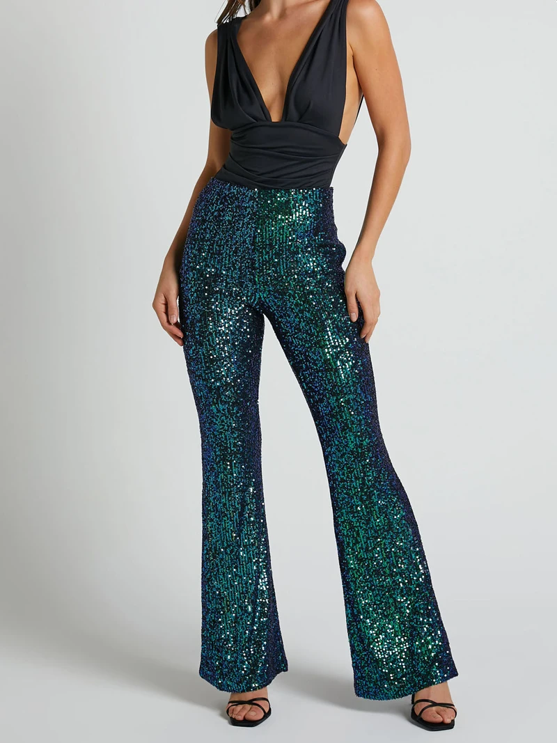 New Women Flared Long Pants 2026 Fashion Sequined High Waist Trousers Party Club Chic Sparkling Pants Female Slim Trousers
