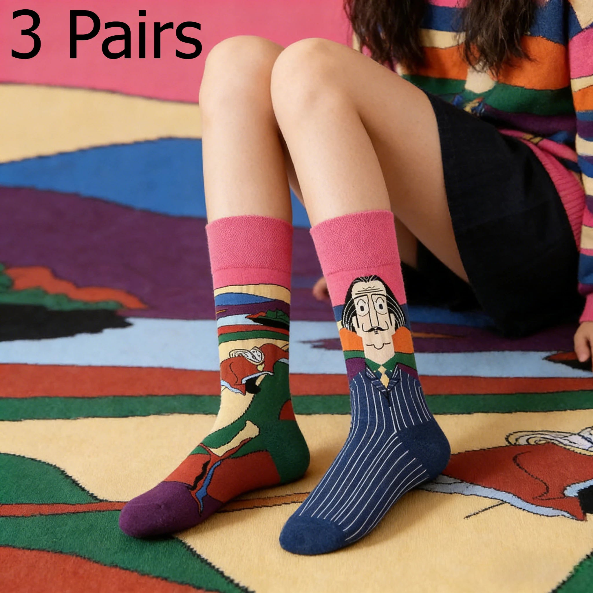 3 Pair Original Asymmetric Trendy Socks AB Model Ins Style Design Unisex Cartoon Creative Mid-Calf Cotton Socks