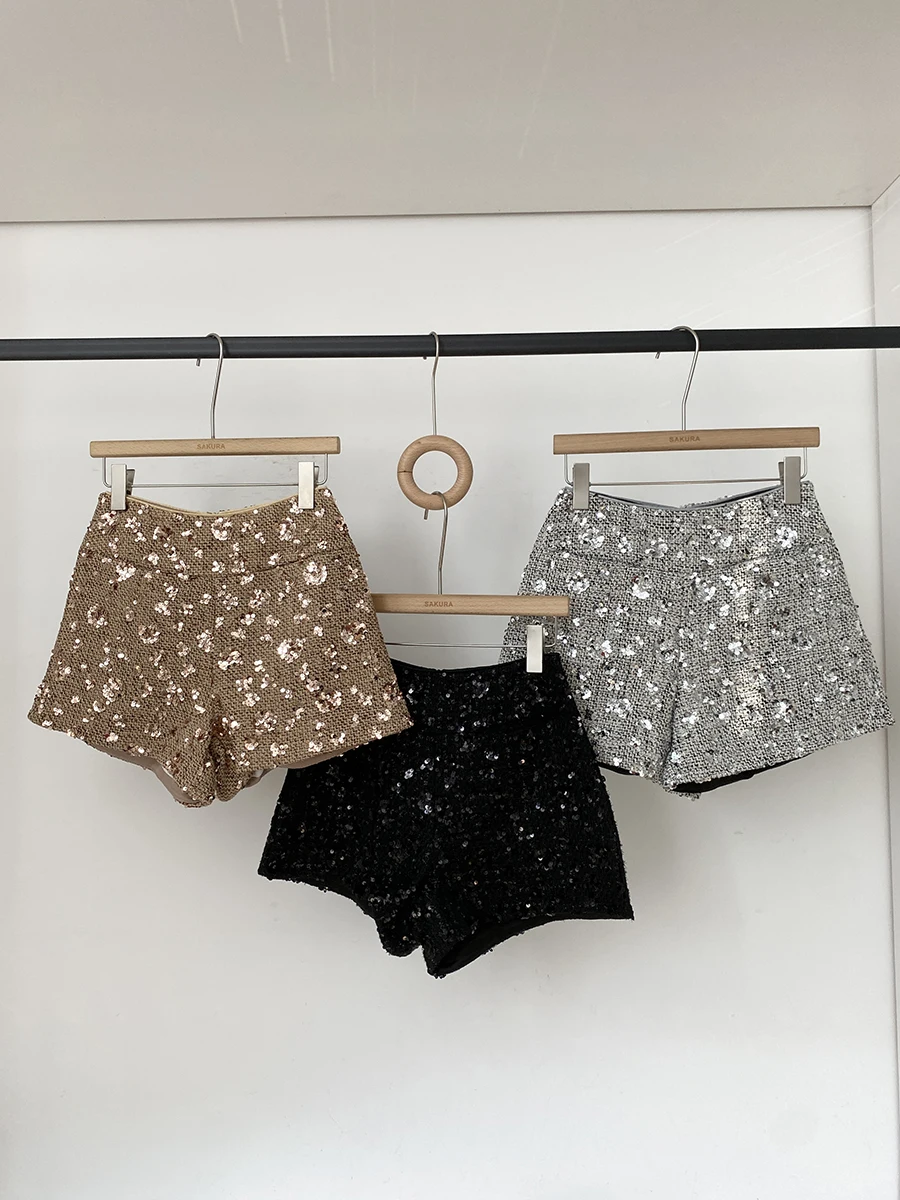 Women's Autumn Winter Streetwear Sequined High Waist Wide Leg Shorts Lady High Waist Bling Bling Short Pants