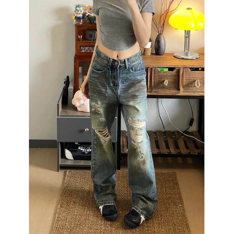 

American High Street Retro Hole Denim Jeans Men Summer Trendy Straight Leg High Waist Slim Long Pants Cotton Polyester Blend