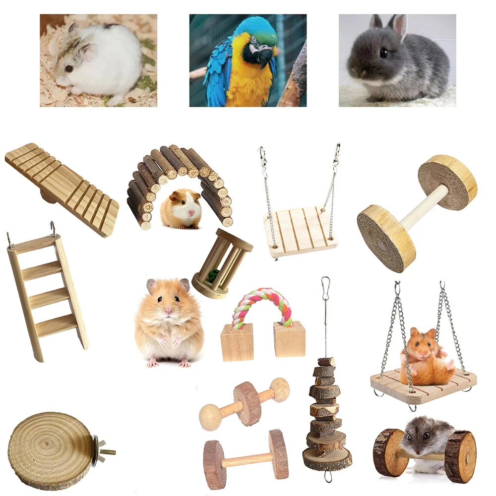 Cute Rabbit Roller Toys Natural Wooden Pine Dumbells Unicycle Bell Chew Toys for bird Guinea Pigs Rat Small Pet Molars Supplies