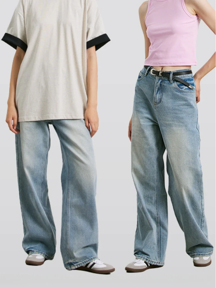 

Spring and Summer Women Washed Cotton Straight Jeans Trend Basic Distressed Daily Office Travel Casual Mid-Waist Wide Leg Jeans