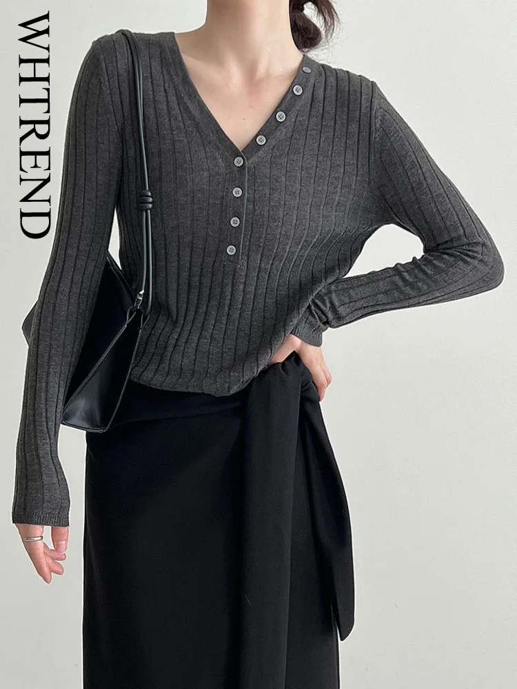 

WHTREND Button Rabbit Fur Base Knitted Shirt For Women 2025 New Slim Fit Long Sleeve Inner Top WH1689