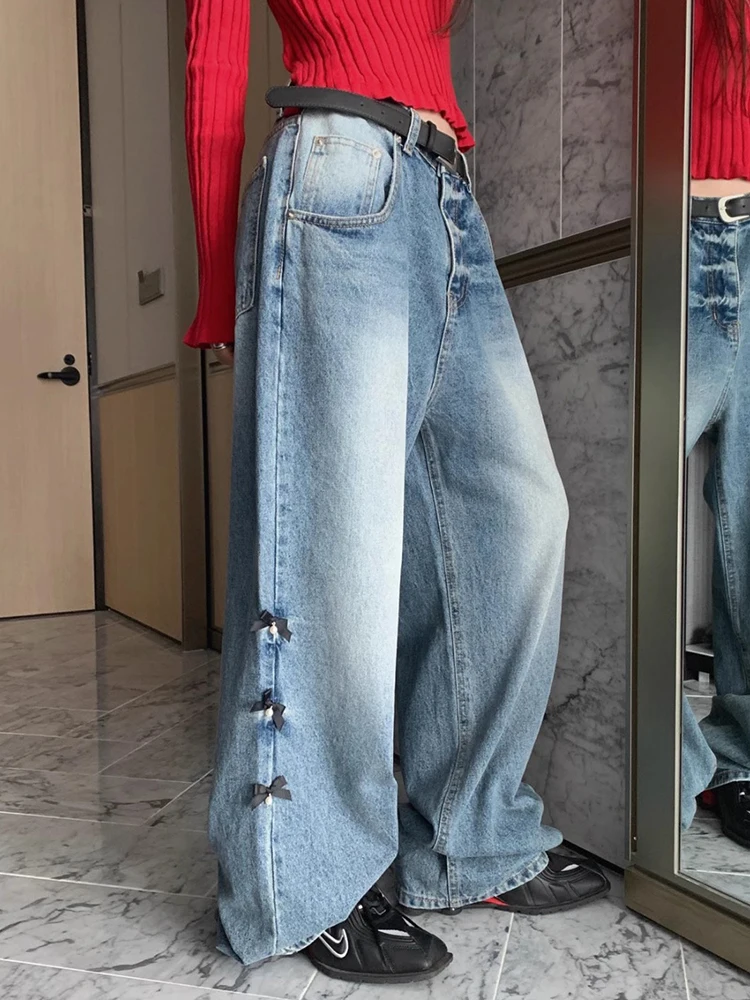 

American Vintage High Street Bow Jeans for Women's Baggy Jeans Casual Fashion Straight Wide Leg Jeans