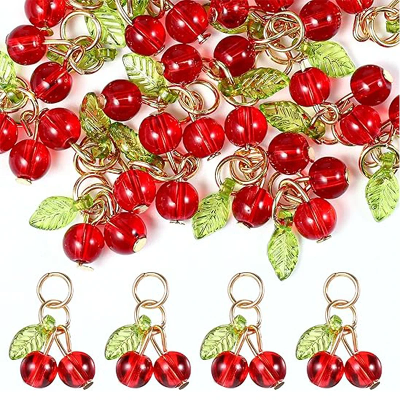 10 Uds. De dijes de cereza roja, bonitos colgantes de fruta roja de cristal con lazo, accesorios para hacer joyería DIY para pulsera, collar y pendientes