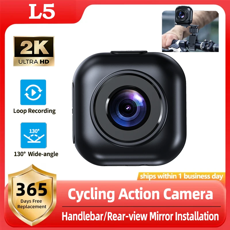 L5 2K HD Cycling Action Camera IP66 130° Lens Loop Recording Collision Emergency Recording For Motorbikes/Electric Bikes/Bicycle
