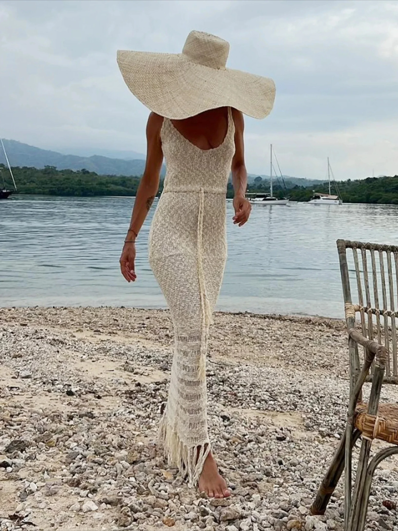 

2026 Summer Women's Knit Beach Cover Up, Sexy Cut Out V-Neck Maxi Dress, Sleeveless Tassel Swimsuit Coverup, Vacation Dress