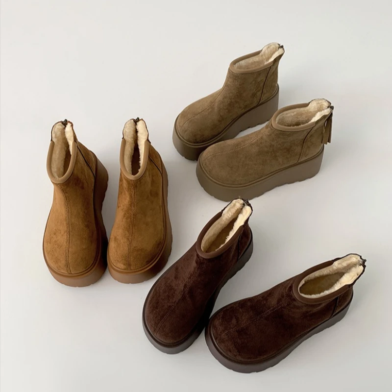 

Winter Vintage Platform Flats Women Fur Lining Snow Boots Concise Back Zippers Shoes Ladies Comfort Warm Cotton Short Booties