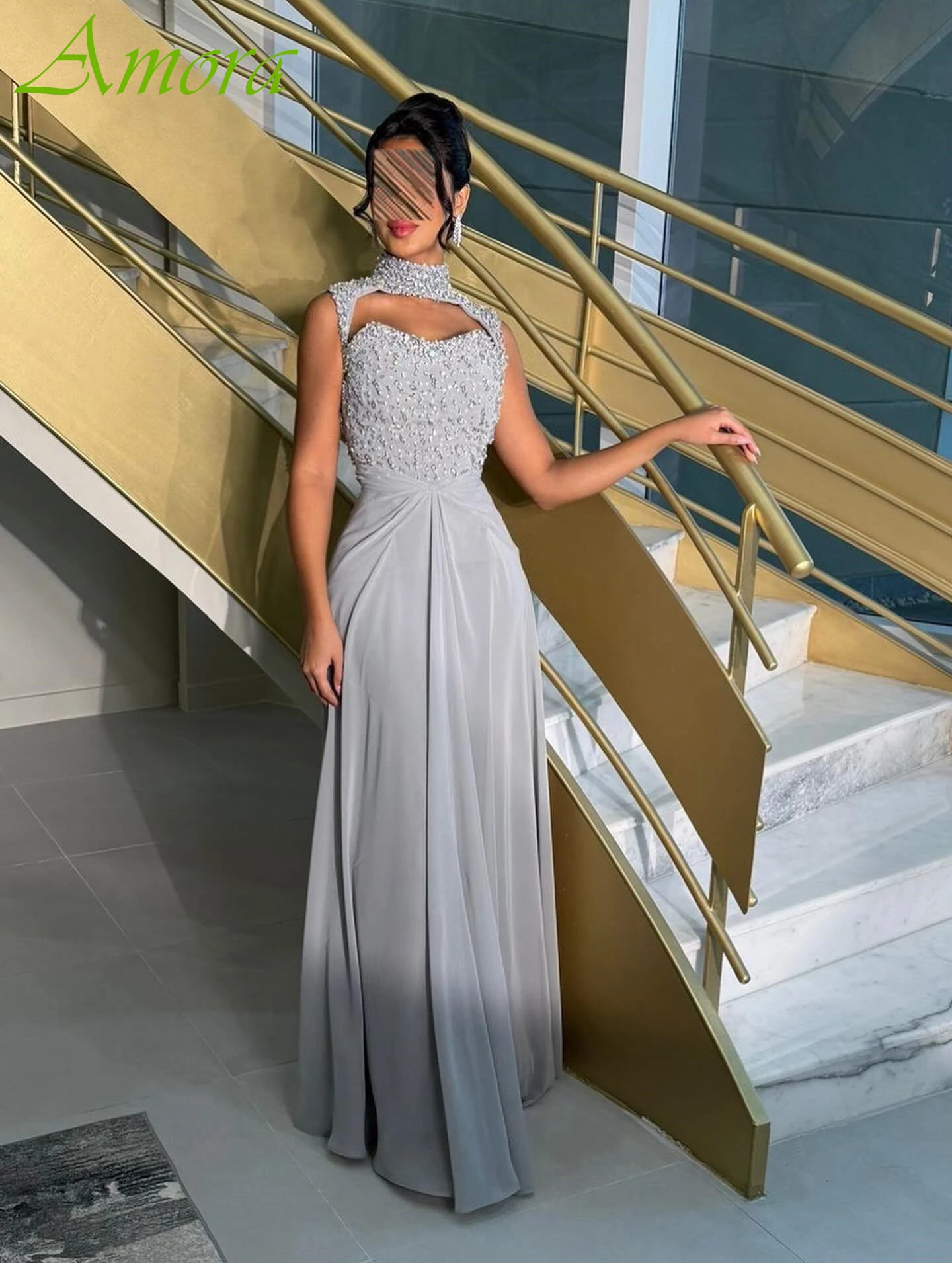 

Customized A-Line High Collar Sleeveless Elegant Evening Dress Delicate Bespoke Occasion Gowns High Quality Celebrity Gowns