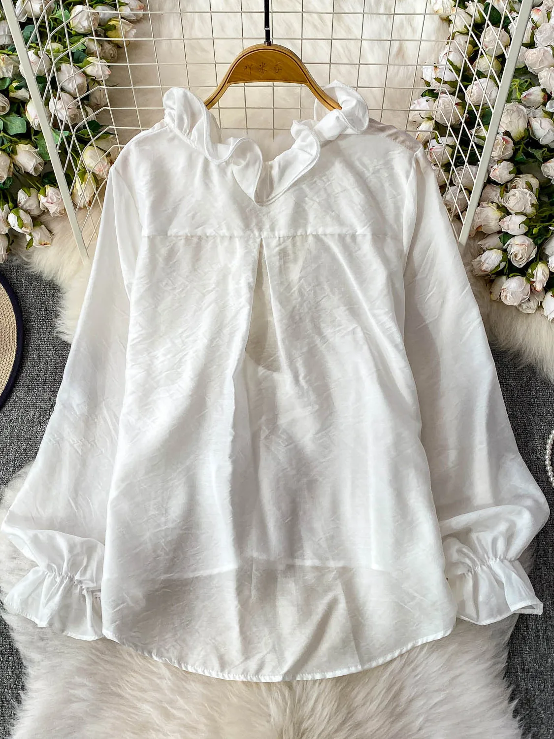 Pure Desire-Cseta Sexy de manga larga con cuello en V y ribete de encaje 3D para mujer, Top de gasa fino y hoado, estilo...