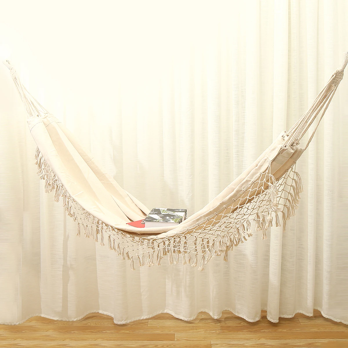 

Macrame Fringe Double Hammock Chair - Large Outdoor Indoor Hanging Swing with Breathable Net