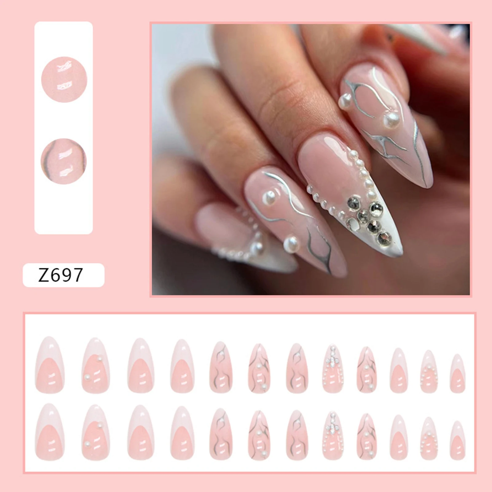 Pearl & Rhinestone Embellished Fake Nails Lightweight Durable Thin Full Cover Nails for DIY Your Own Nail Art at Home