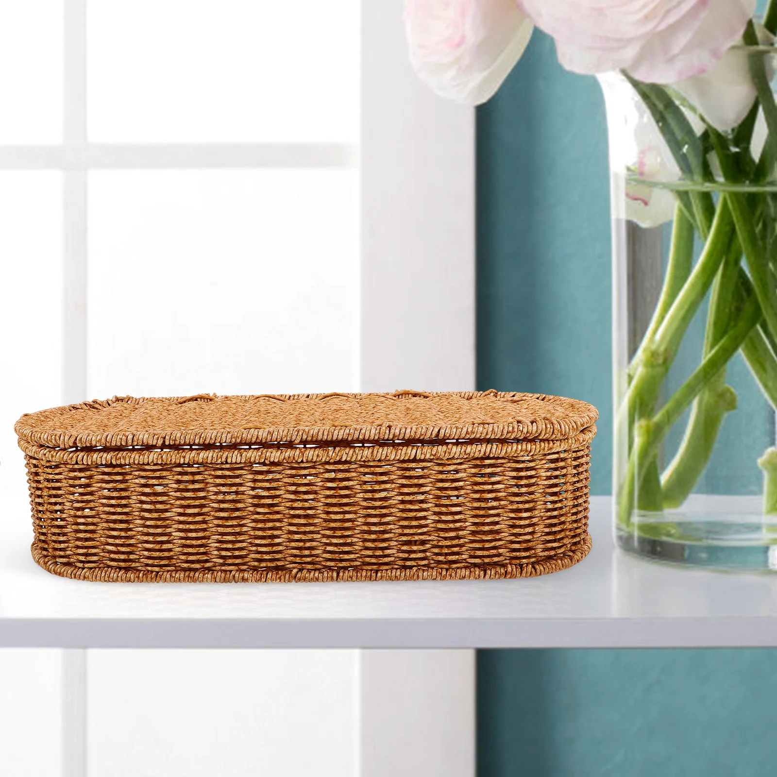

Imitation Rattan Storage Box Vintage Woven Rustic Hand Woven Decorative Basket Desktop Organizer Sundries Basket Storage Bin
