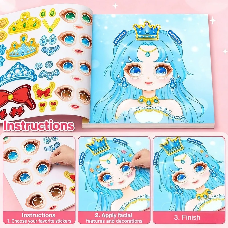 1Set Princess Dress Up Sticker Book Reusable for Kids Girls Cartoon Princess Magic Makeup Change Game Sticker Album Handicrafts