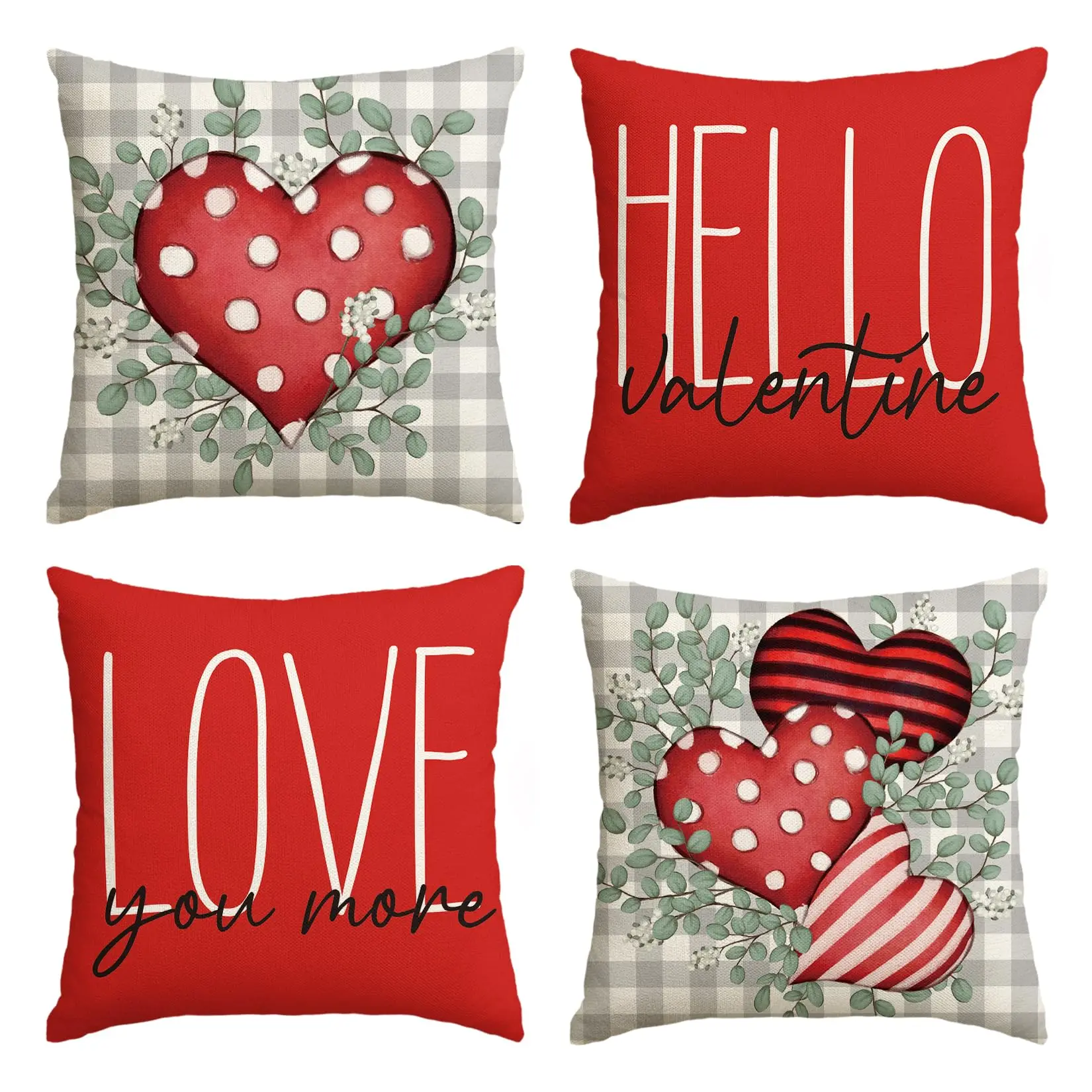 

Hello Valentine-Eucalyptus Leaves Throw Pillow Covers,Buffalo Plaid,Polka Dot Stripes,Love Hearts,Cushion Case for Sofa,Set of 4