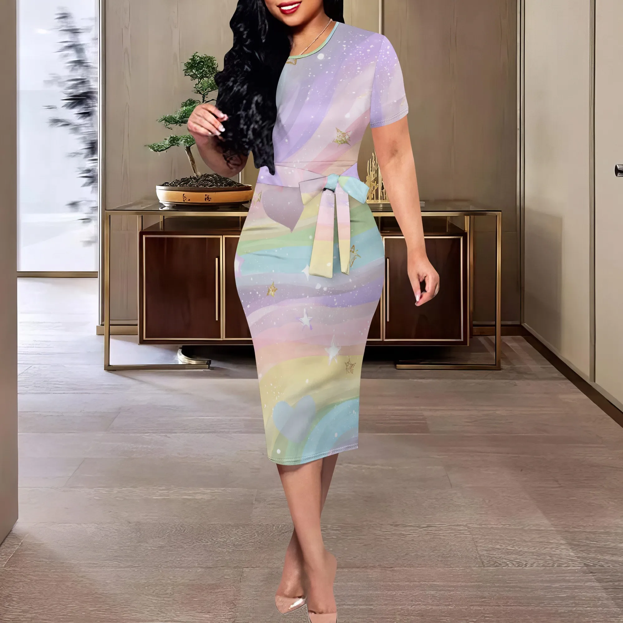 

Pastel Galaxy Print Bodycon Dress XS-3XL Short Sleeve Round Neck Midi Style with Belt for Brunch, Pride Event or Birthday Look