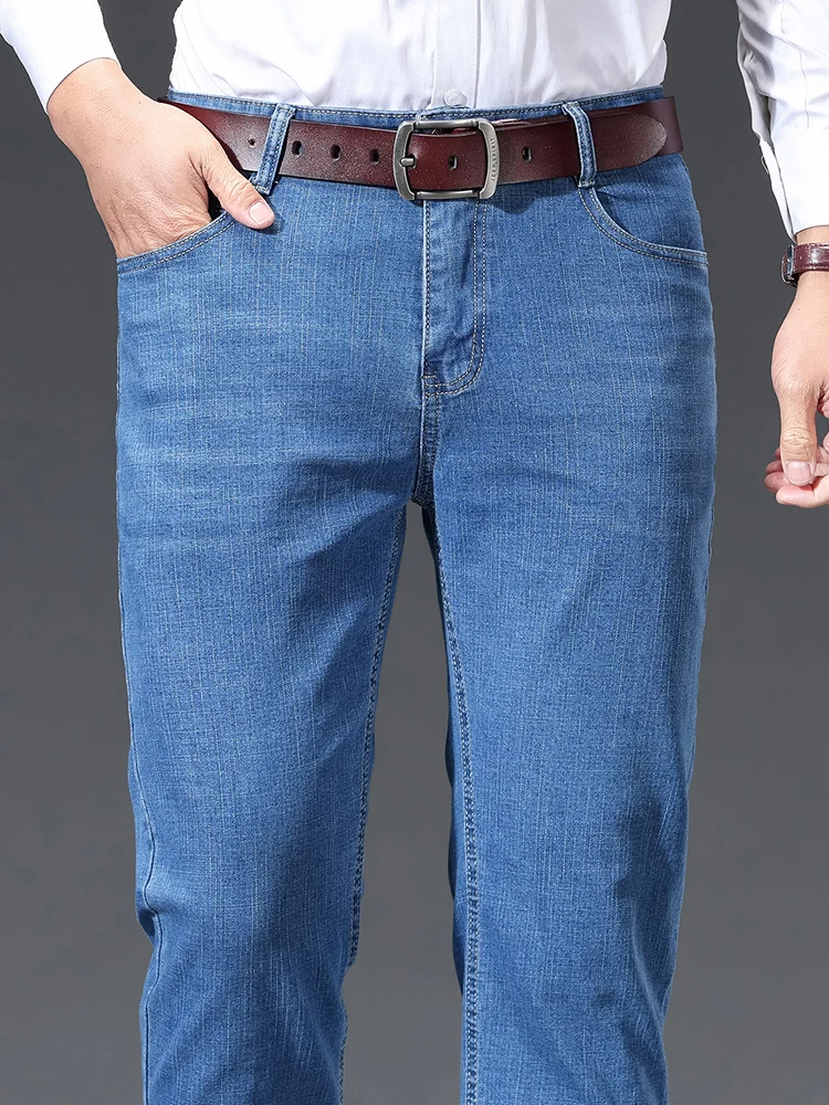 Men's Thin Straight Jeans Spring Summer Embroidered Casual Stretch Comfortable Trousers Business Fashion Male Denim Pants