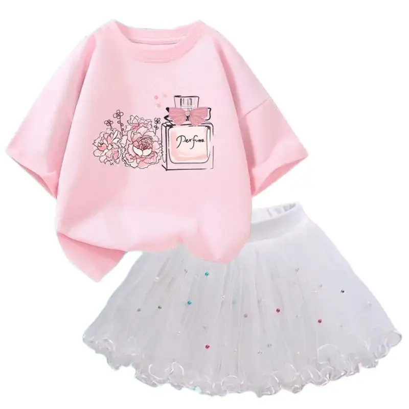 Girls Birthday Princess Outfit Cotton perfume bottle Tops and Tutu Skirts 2pcs Set Kids Summer Fashion Dance/Party Clothes