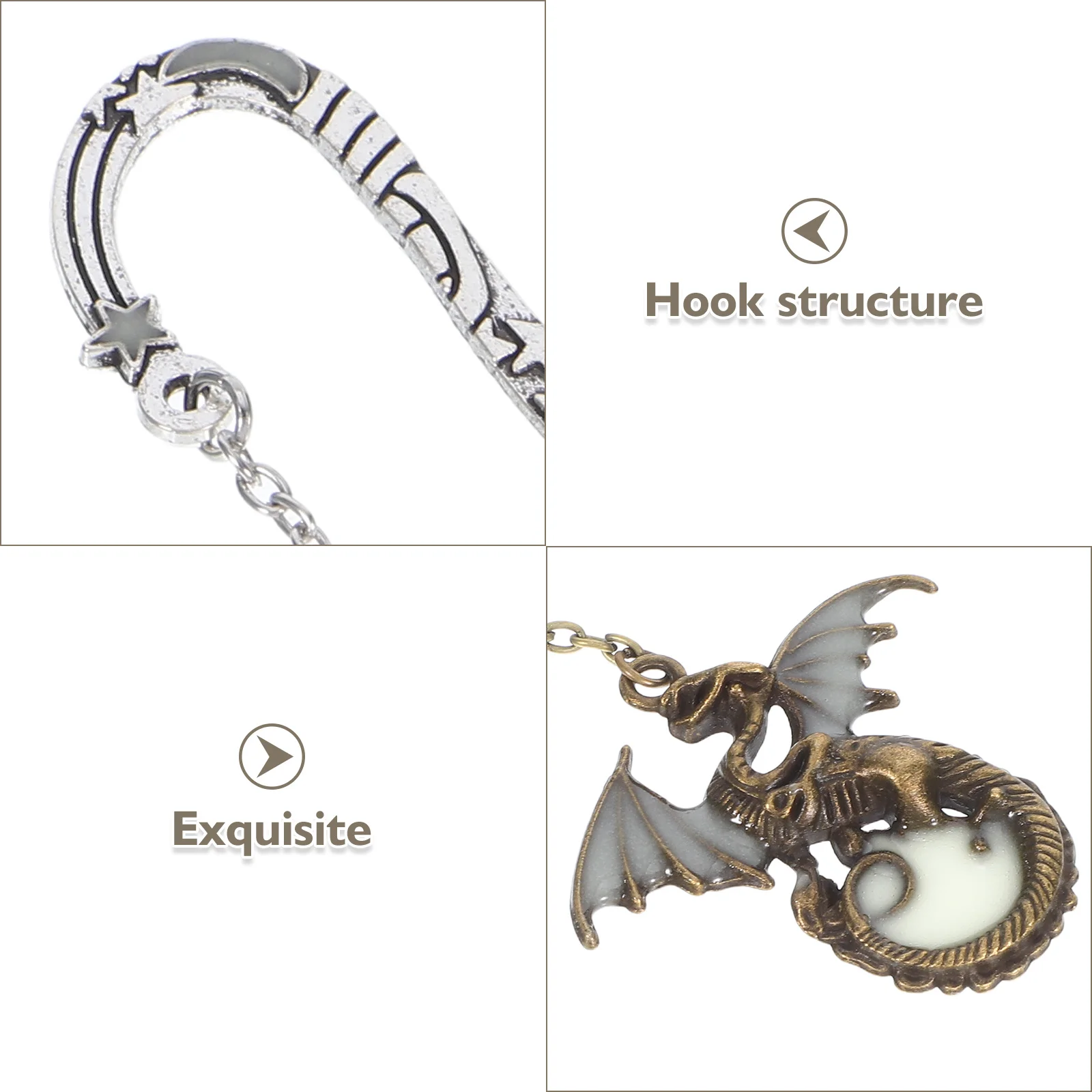 2pcs Glow In The Dark Bookmark Metal Pendant Luminous Dragon Star Design Hook Chain Reading Accessory For Night Vintage Iron