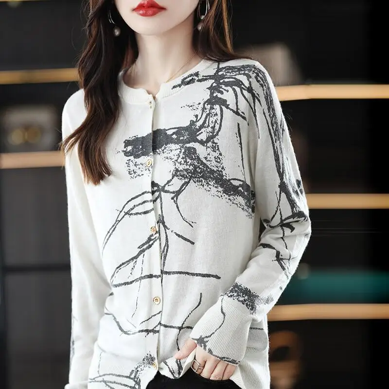 Graffiti Digital Jacquard Fine Imitation Fashion Wool Knitted Cardigan Women\'s 23 Spring Autumn Thin Loose Jacket Trendy Sweater