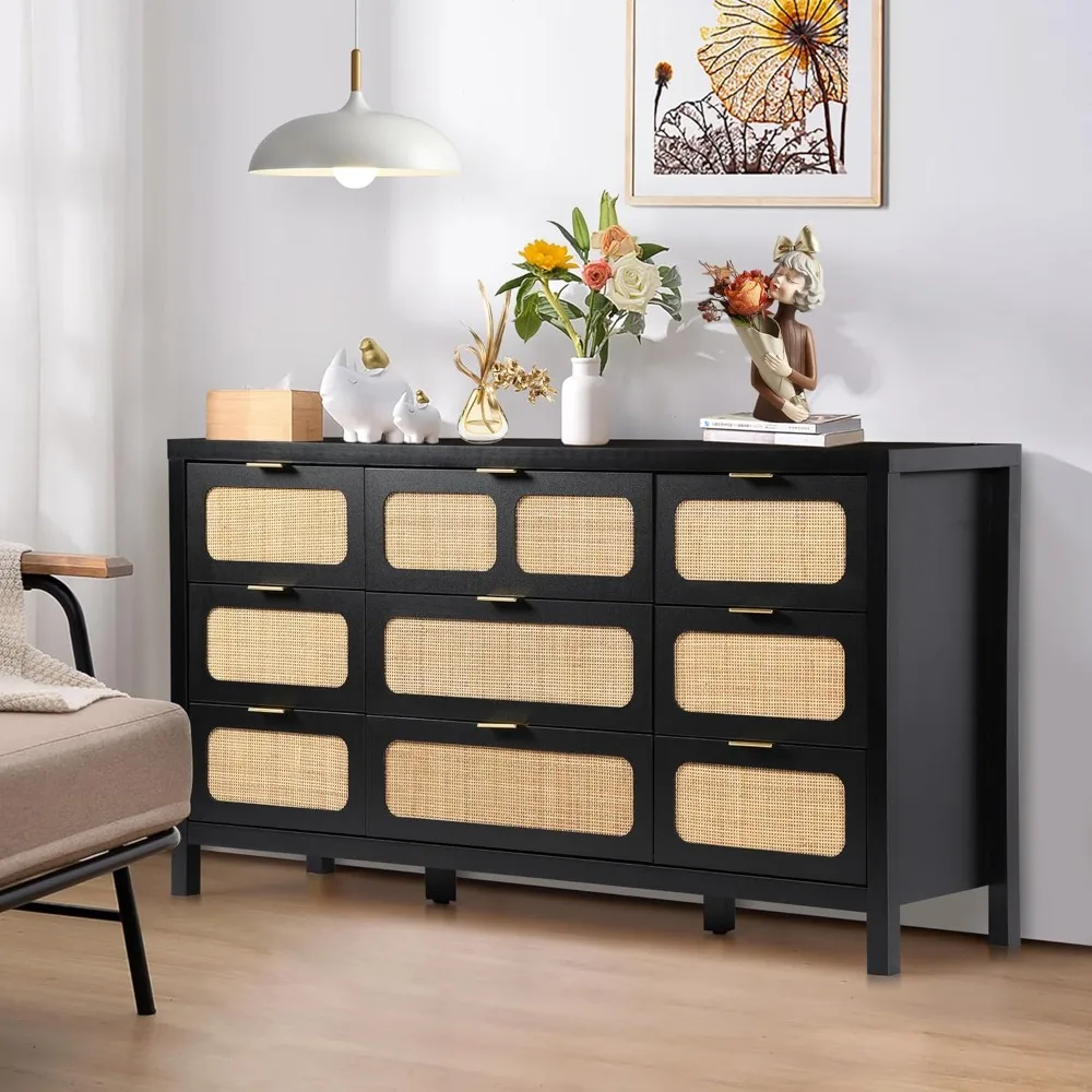 Bedroom Dressing Table with 9 Drawers, Rattan Dressing Table, 58 Inch Long Storage Dressing Table for Wardrobe, Living Room