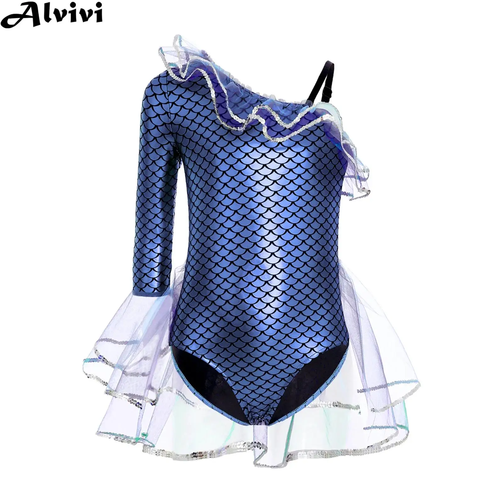 Kids Girls Gymnastics Ballet Dance Leotard Halloween Carnival Mermaid Cosplay Costume Shiny Fish Scale Print Mesh Tutu Bodysuit