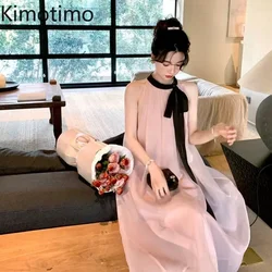 Kimotimo Summer Pink Halter Lace Up Bow Chiffon Dress Women French Fairycore Gentle Sleeveless Loose Beach Dresses Party Robe