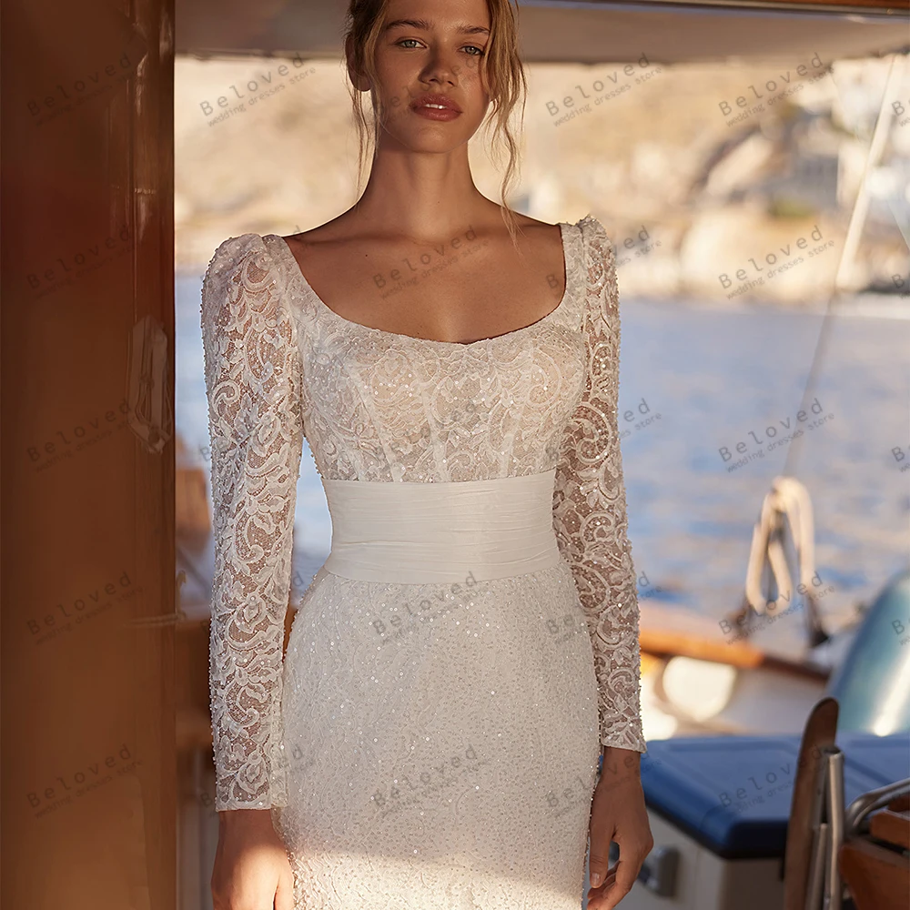

Exquisite Wedding Dresses Lace Bridal Gowns Sequin Appliques Full Sleeves Robes For Formal Party Vestidos De Novia Customized
