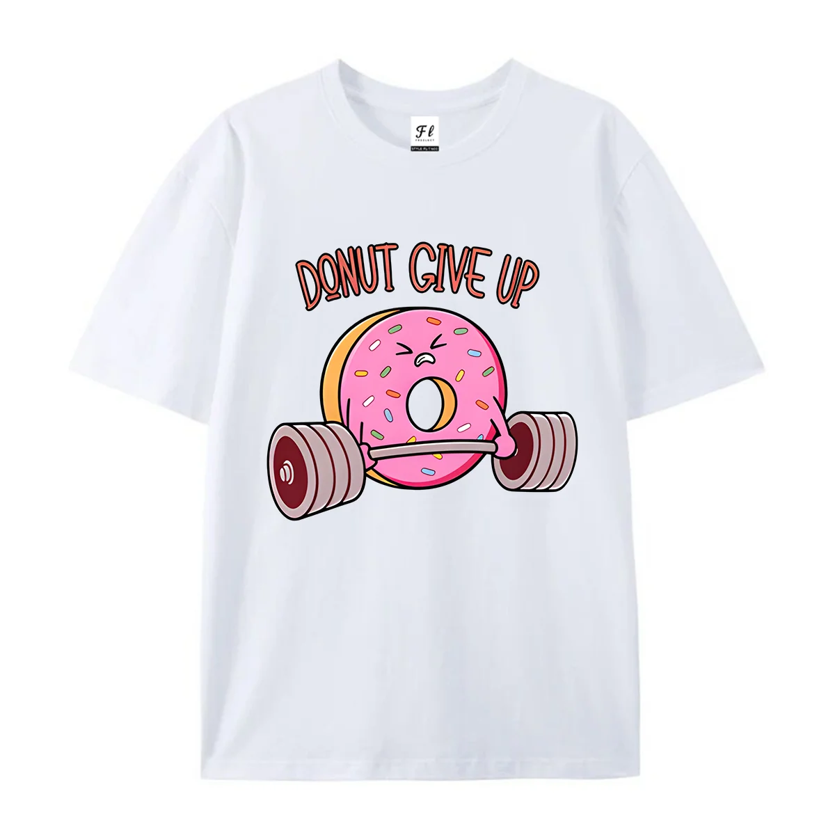 Women Donut Give Up Funny Pun Slogan Print Short Sleeve T Shirt Cartoon Donut Lifting Barbell Graphic Tee Casual Summer Cotton
