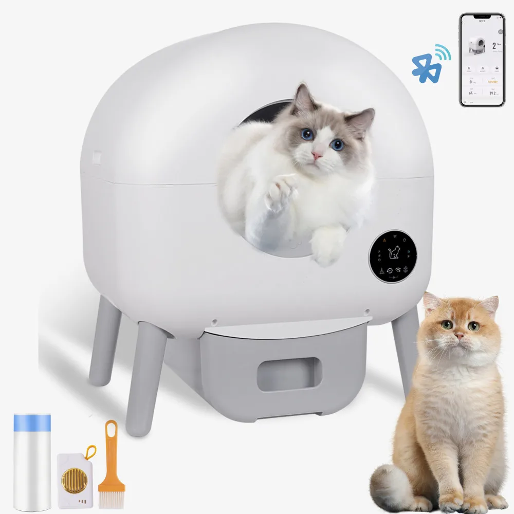 Self-cleaning litter box, extra large capacity, anti-pinch,works with all clumping litters, comes with trash bag, app controlled