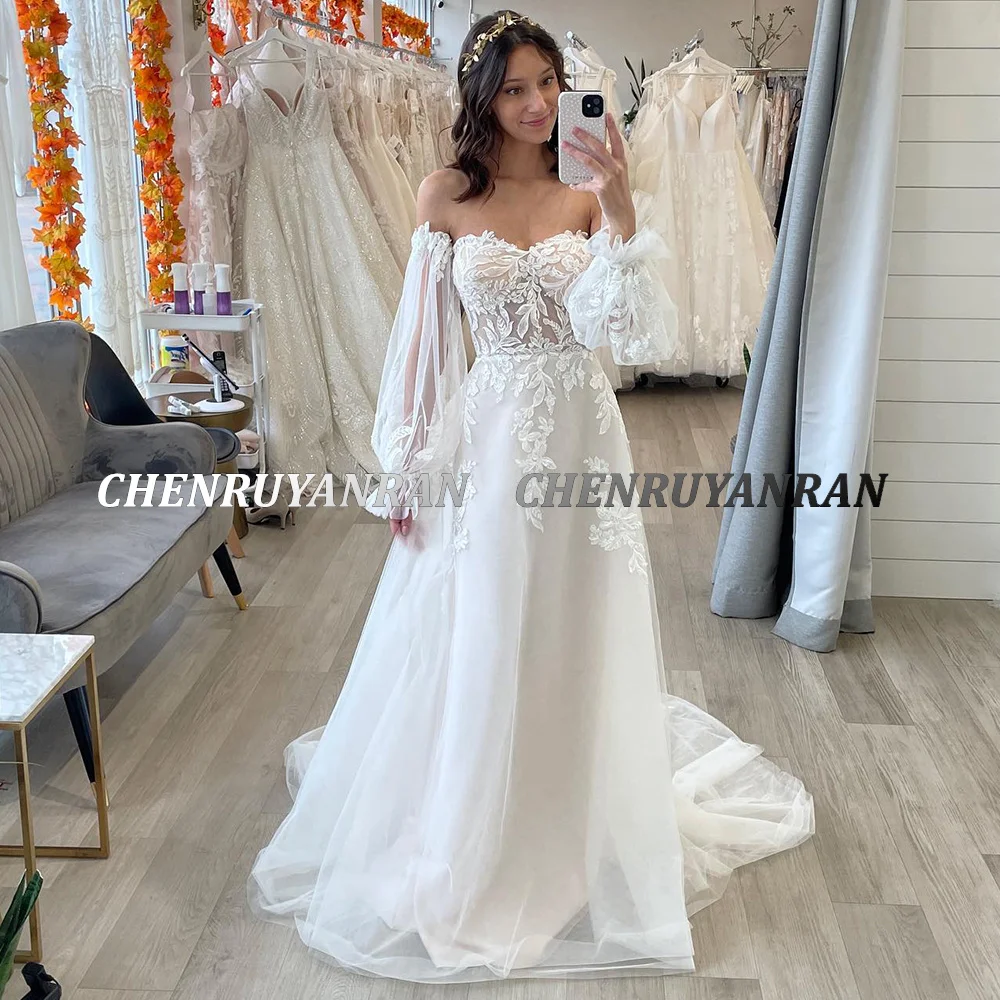 Boho Wedding Dresses For Women 2022 Sweetheart A-Line Long Wedding Gowns Lace Applique Tulle Ivory Bride Dress vestidos de novia