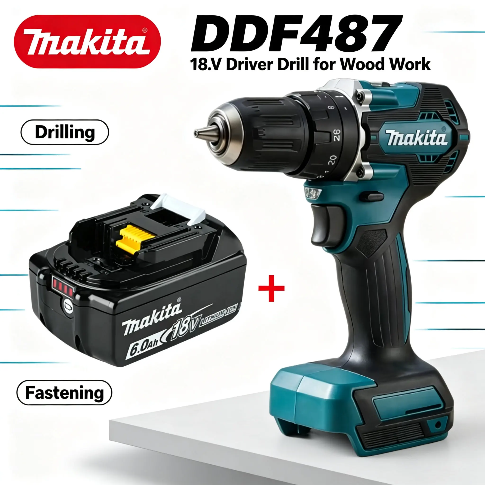 Makita DDF487 Akku-Bohrschrauber 18V Lithium-Elektrowerkzeug für Heimrenovierung, Tischlerei und Wartungsarbeiten