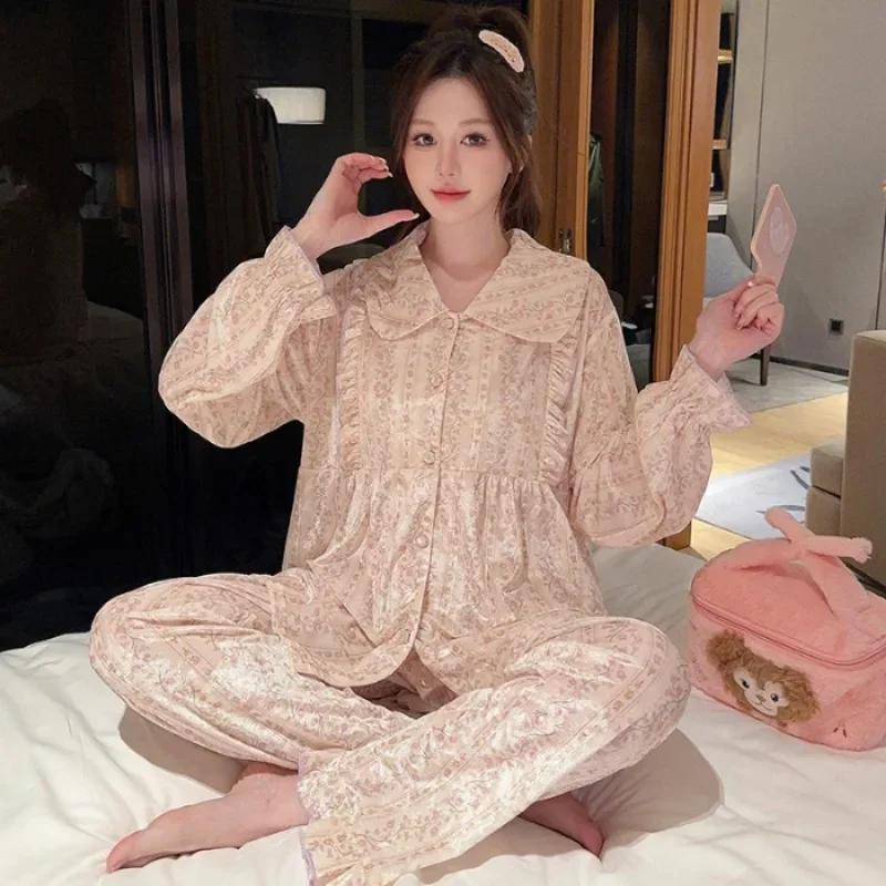 

Large Size Golden Velvet Pajamas Women's Autumn Winter Sweet Princess Loungewear Floral Cardigan Homewear Loose Nightclothes