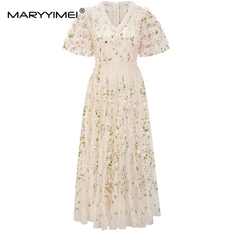 

MARYYIMEI Spring Women's Dress V-neck Flare Shor Sleeve Striped Auricularia Edge Flower embroidery Mesh Party Long Dresses