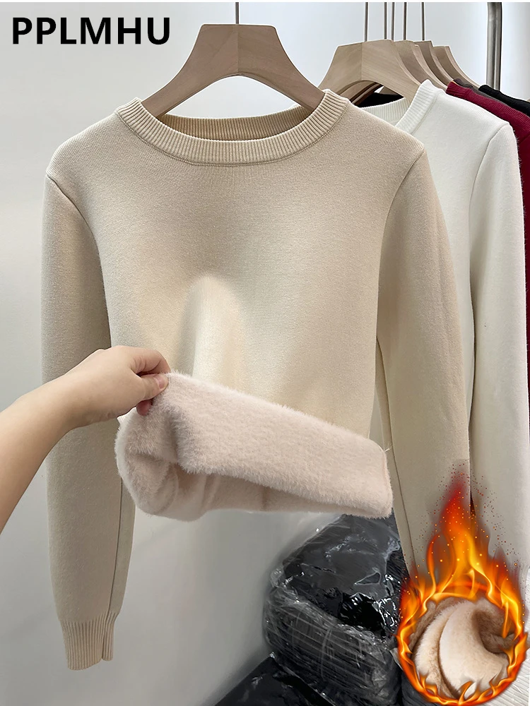 Women\'s O-neck Plus Velvet Thicken Sweaters Winter Slim Warm Long Sleeve Knitted Tops Casual Plush Fleece Lined Soft Pullover