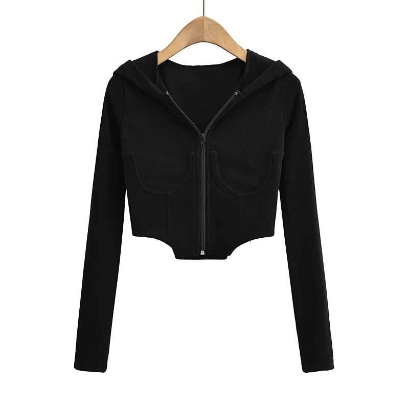 Fall fashion long sleeve top sexy cropped cardigan women zip up caridgan hooded black cardigan bright line kawaii jacket brown