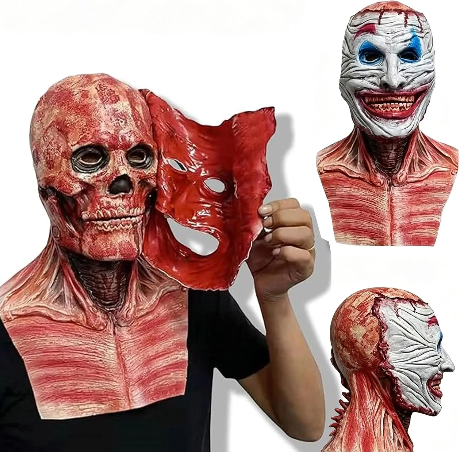 Halloween Horror Mask Clown Skull Double Layer Detachable Skeleton Costume Men Unisex Latex Cosplay Scary Party Carnival