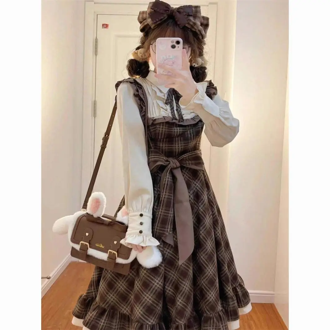 

Y2K 2000-х годов клетчатое искусственное платье из двух частей с длинным рукавом женское французское винтажное милое платье с бантом на талии на шнуровке трапециевидной формы с рюшами средней длины