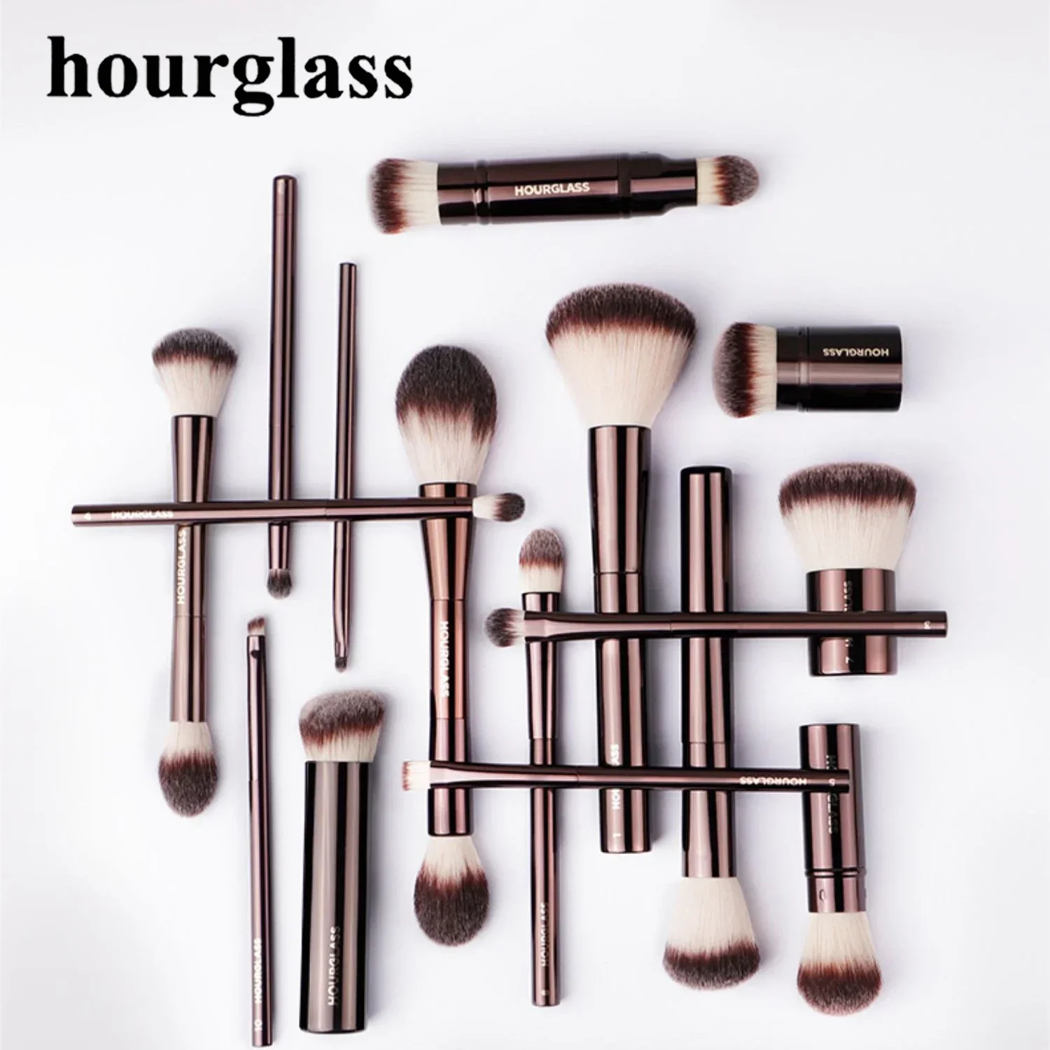 Hourglass Powder Brush Synthetic Hair Double Headed Setting Powder Brush Brown Metal Handle Contour Sculpting Makeup Brush